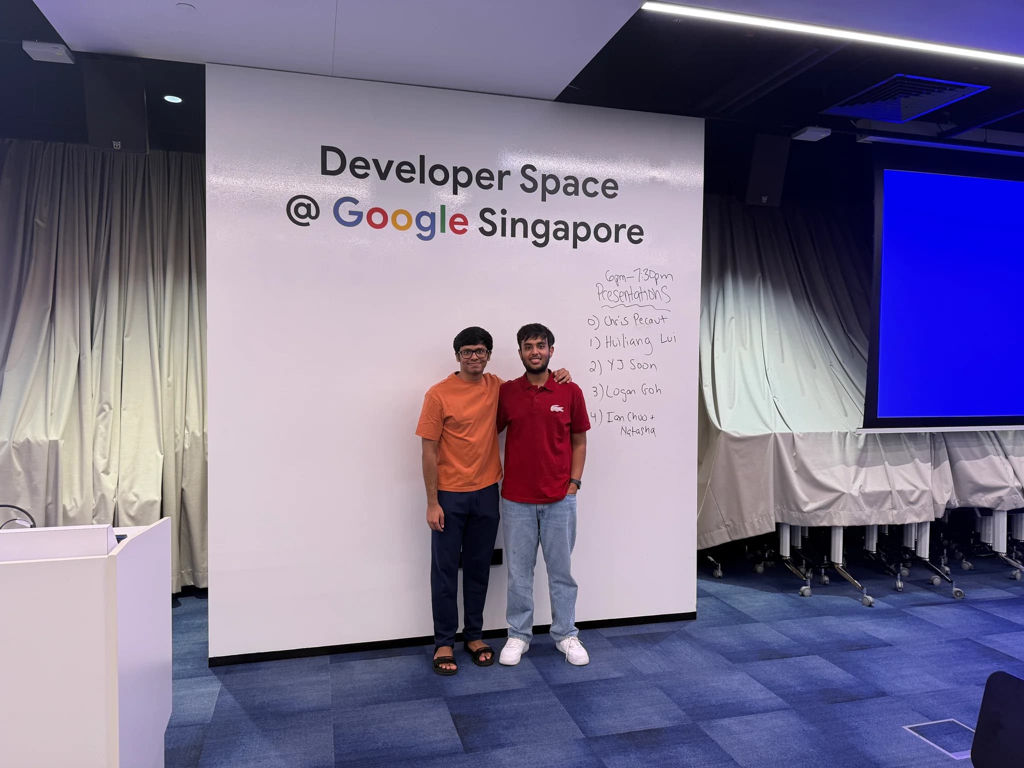 Shreyansh with a friend at Developer Space at Google Singapore.